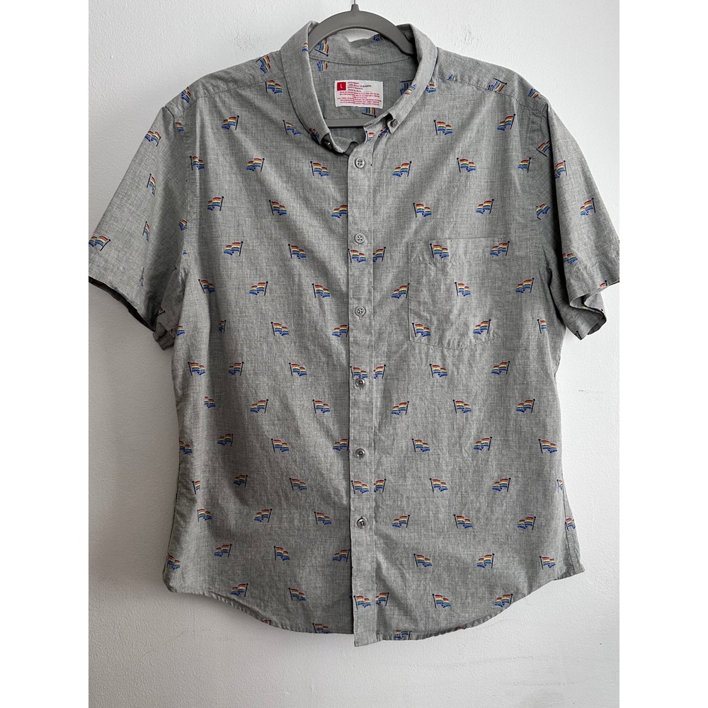 Mens Short Sleeve Button Up Camp Shirt Large Grey Rainbow Flag Pride Embroidered